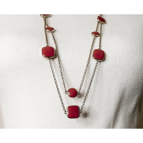 Long Coral Red Glass Bead double Strand Necklace , 32 Inch - Picture 4 of 9